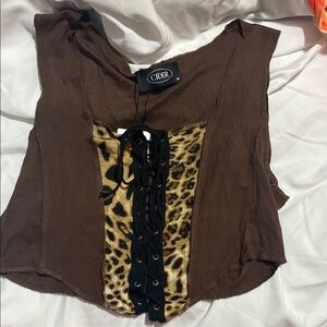 Cider Brown Leopard Print Lace-Up Blouse